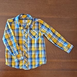 Old Navy Boys 4T Blue And Yellow Plaid Long Sleeve Button Down Shirt 100% Cotton